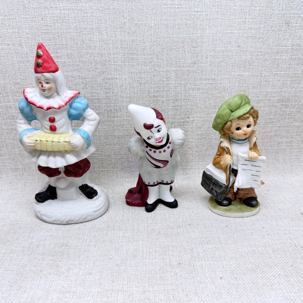 Vintage Porcelain Clown Figurine Lot Newsboy Pierrot Accordion Player 3pc Set